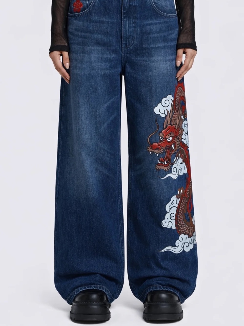 Inferno Dragon Y2K Dark Blue Baggy Jeans Size L